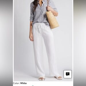 White Straight Leg Linen Pants with Drawstring